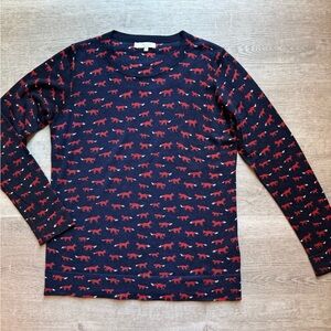 Hobbs London 100% Merino Wool Fox All Over Print Long Sleeves Sweater Sz M Navy